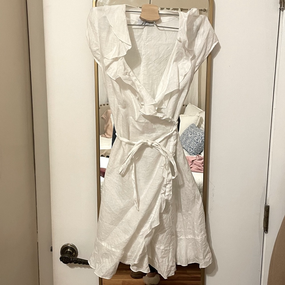 White Linen Ruffle Wrap Dress